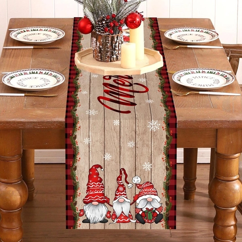 Runner Da Tavola Natalizio Merry Christmas Gnomi Design Venature Del Legno Quadri Buffalo Poliestere Arredo Festa