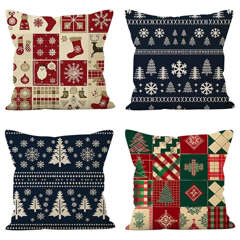 Funda De Almohada De Navidad Lino Papá Noel Reno Árbol Copo De Nieve Impresión Decoración Sofá Hogar Estilo Festivo