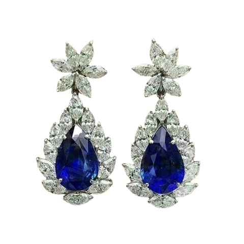 Pendientes de Goccia de Lujo Circonia Azul Real Corte de Pera para Mujer Retro Floral Incrustado Cobre Joyas de Boda Fiesta