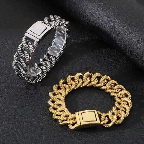 Pulsera De Cadena De Cuerda Para Hombre De Acero Inoxidable Trenzada Pesada Retro Punk Estilo Hip Hop Con Cierre Cuadrado