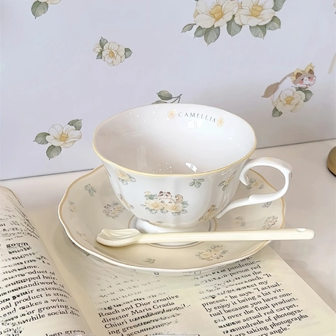 Tetera Taza Y Platillo De Cerámica Gato Camelia Retro Francés Té De La Tarde Café Patrón Floral Regalo Elegante