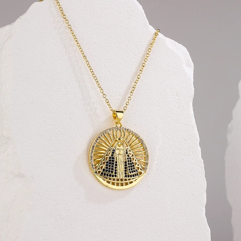 Collana Con Ciondolo Vergine Maria Rame Placcato Oro 18K Zircone Micro Intarsiato Gioielli Religiosi Da Donna