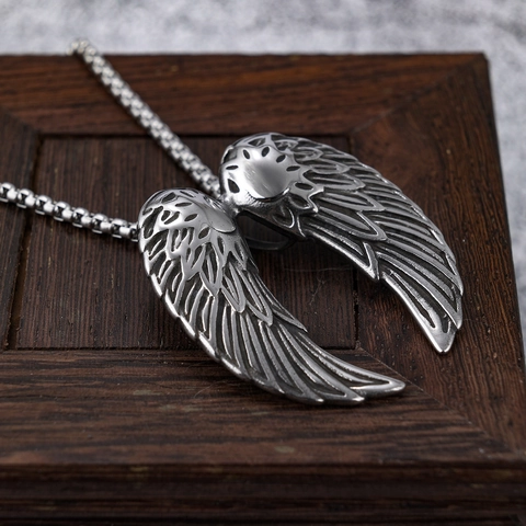 Vintage Angel Wing Pendant Necklace Polished Stainless Steel Feather Double Wings Jewelry For Men Women Punk Gothic Style