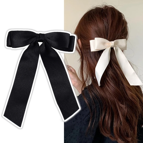 Large Bow Hair Clip With Long Streamers Satin Lace Faux Artificial Pearl French Elegant Hair Accessory For Women Girls