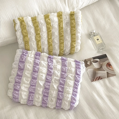 Kosmetiktasche Plissee Bubble Seersucker Stoff Große Kapazität Gestreift Tragbare Kosmetik Organizer Für Reisen Süße Mode