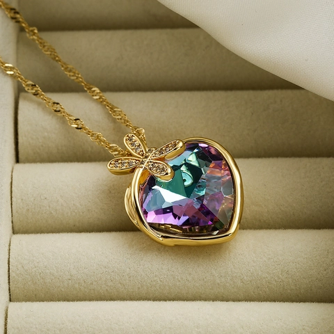 Collier Pendentif Cœur Cuivre Plaqué Or 18K Cristal Dégradé Libellule Zircon Bijoux Élégants Pour Femmes