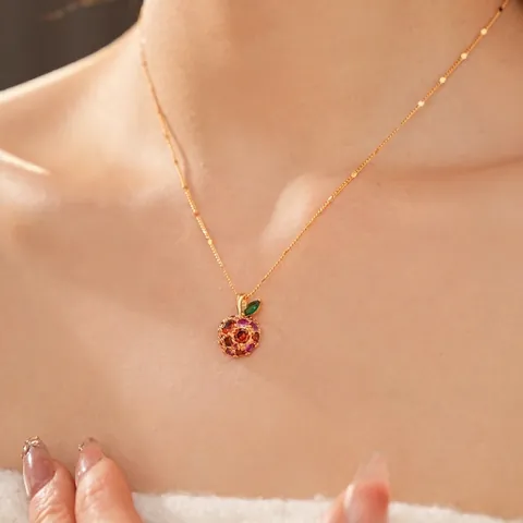 14K Vergulde Koperen Appel Hanger Ketting Met Gekleurde Zirkonia Luxe Sleutelbeenketting Voor Dames