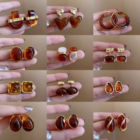 Pendientes De Aleación Con Textura De Ámbar De Resina Con Poste De Plata De Ley 925 Estilo Francés Geométrico Retro Joyería Mujer