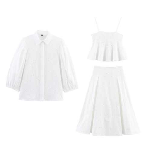 Completi Ricamo Inglese Cotone Bianco Camicia Canotta E Gonna Midi Design Vintage Francese Per Donne