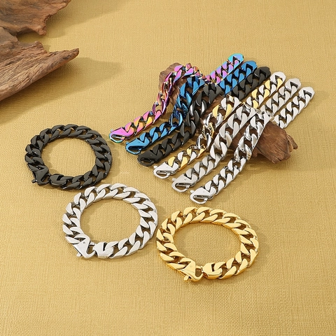 Vintage Stainless Steel Cuban Link Bracelet Flat Chain Hip Hop Streetwear Men Fashion Accessories