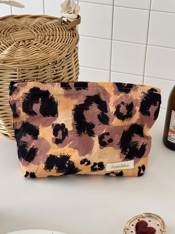 Borsa Trucco Retrò Stampa Leopardata Grande Capacità Cotone Tela Pochette Cosmetica Portatile Organizzatore Viaggio