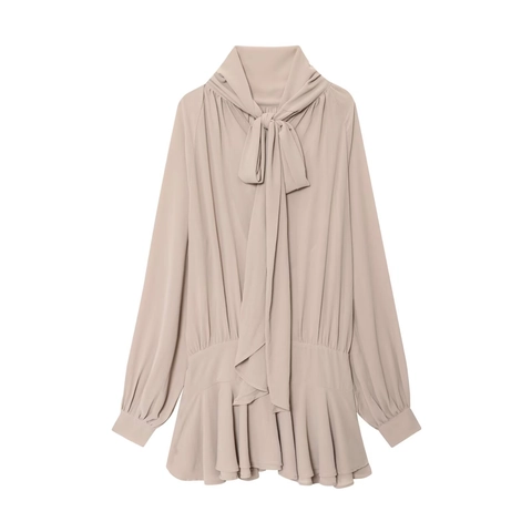 Elegant Chiffon Mini Dress For Women Long Sleeve Mock Neck With Bow Tie Ruffle Hem Pleated Solid Color Fashion Flowing