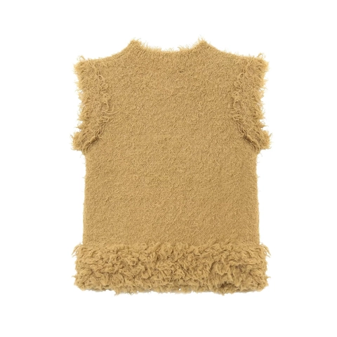 Women Casual Faux Fur Knitted Vest Round Neck Sleeveless Plush Waistcoat Mustard Yellow Solid Color Autumn Winter Layering Top