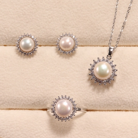 Freshwater Pearl Jewelry Set For Women Alloy Rhinestone Necklace Earrings Ring With Silver Earring Post Wedding Jewelry