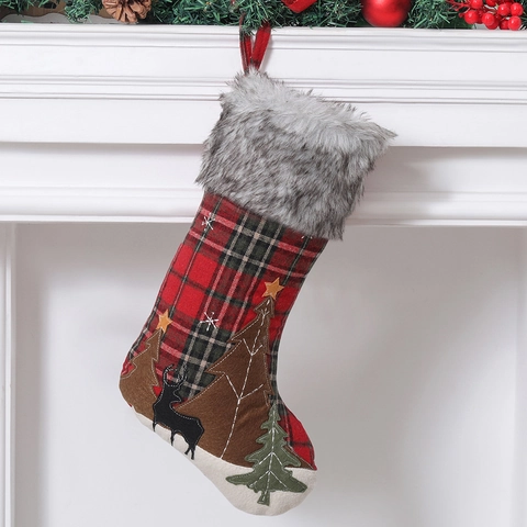 Calcetín De Navidad Cuadros Rojos Borde De Peluche Reno Árbol De Navidad Aplique Bolsa De Regalo Decoración Chimenea Rústico