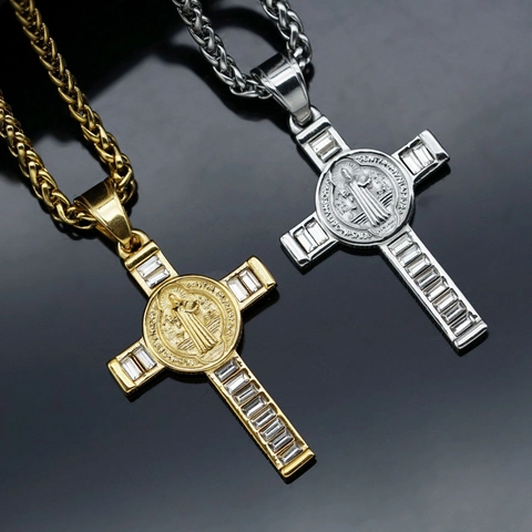 316 Roestvrijstalen Kruis Hanger Ketting Met Zirkonia Sint Benedictus Medaille Hip Hop Religieuze Sieraden