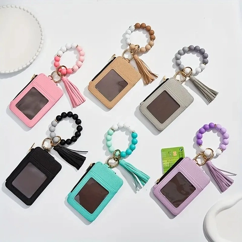 Beaded Wristlet Keychain With PU Leather Card Holder Wallet Tassel Silicone Beads Elastic Bracelet Ring Portable Zipper Coin Purse