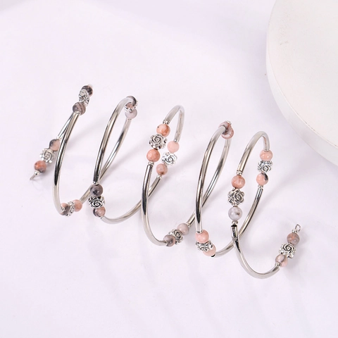 Bohemian Multi Layer Wrap Bracelet Natural Stone Beads Alloy Rose Flower Spiral Bangle Vintage Jewelry For Women