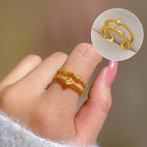 Bowknot Layered Ring Brass Gold Plated Micro Pave Zircon Adjustable Open Finger Jewelry Elegant Women