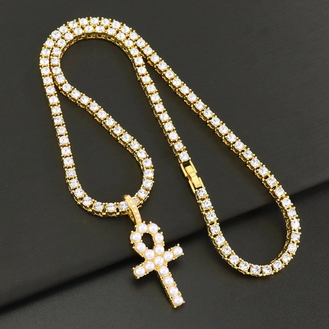 Collana Con Ciondolo Croce Ankh Lega Strass Iced Out Perla Artificial Gioielli Hip Hop Unisex