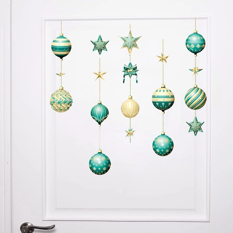 Christmas Ball Window Wall Stickers PVC Self Adhesive Decal For Holiday Home Party Window Decoration Teal Gold Star Snowflake Pattern