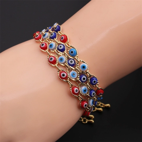 Bracelet Mauvais Oeil Cuivre Plaqué Or Émail Goutte Huile Protection Turque Talisman Bijoux Pour Femmes Ajustable