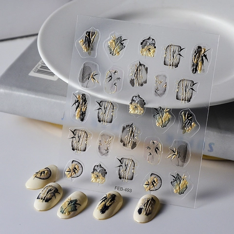 5D Embossed Nail Art Stickers Chinese Ink Wash Bamboo Pattern Gold Foil Self Adhesive Decals For DIY Manicure Decoration