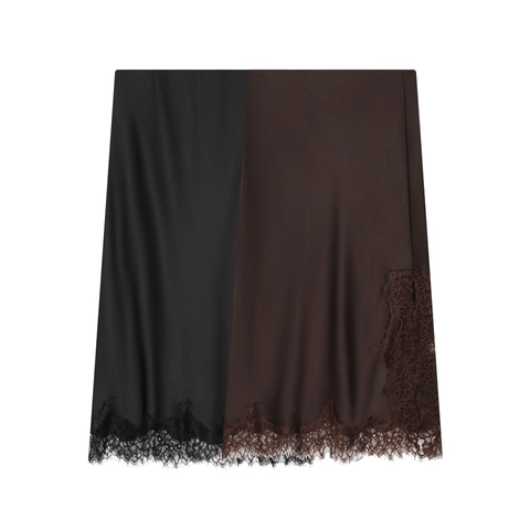 Women's Elegant Satin Midi Skirt With Eyelash Lace Trim Hem Solid Color High Waist Straight Patchwork Casual Party Skirt