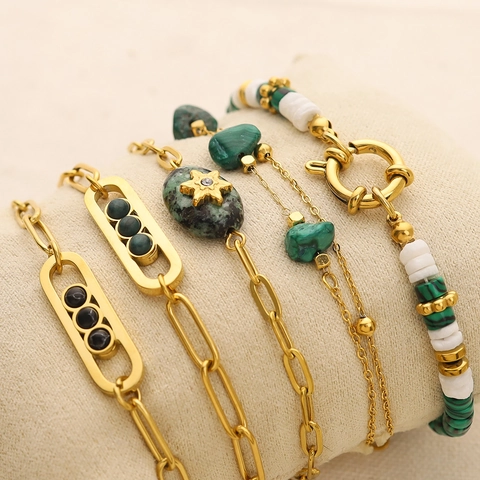 Set Di Braccialetti Boho In Acciaio Inossidabile Da Donna Placcato Oro Pietra Texture Malachite Ciondolo Stella Strass Gioielli Sovrapponibili