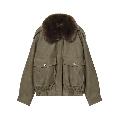 Women Bomber Jacket Faux Fur Collar Suede Leather Outerwear Winter Zip Up Coat Solid Color Pockets Retro Chic Fashion
