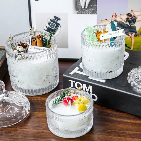 Embossed Glass Storage Jar With Lid Retro Clear Candy Jar Sugar Bowl Jewelry Box Nordic Decorative Ornament Organizer