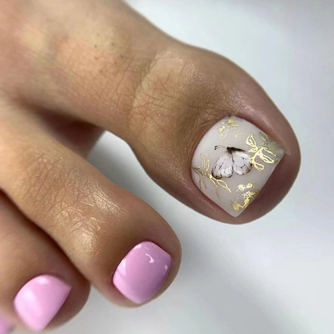 Butterfly Pattern Toe Press On Nails Gold Foil Glossy Pink Lavender Sweet Style Fake Toenails