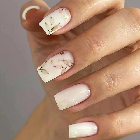 Press On Nails Square Artificial Fake Nail Tips With Leaf Pattern Gold Foil Detail Reusable Elegant Manicure Accessory