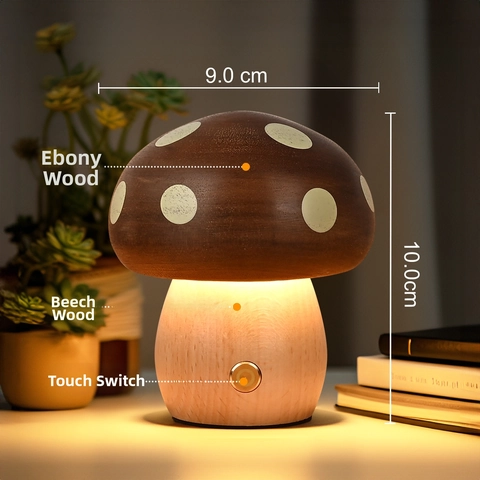 Massivholz Pilz Nachtlicht Buche Ebenholz LED Nachttischlampe USB Wiederaufladbar Kreative Schreibtisch Ornament Für Kinder Damen Geschenk