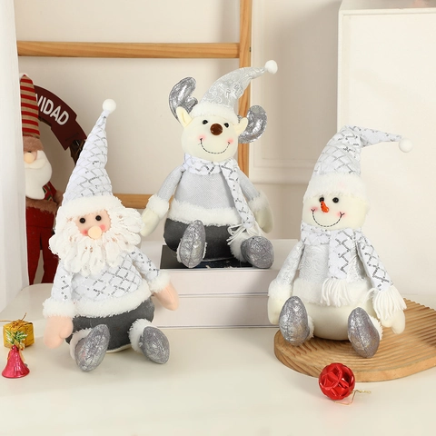 Décorations De Noël En Peluche Paillettes Argentées Père Noël Bonhomme De Neige Renne Poupée Assise Décoration De Table Style Nordique