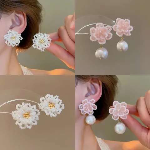 Elegant Floral Cluster Stud Earrings With Faux Artificial Pearl Dangle Handcrafted Seed Beads And 925 Sterling Silver Earring Post