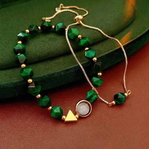Green Faceted Tiger Eye Stone Beaded Bracelet And Adjustable Gold Chain Triangle Charm Geometric Jewelry For Women