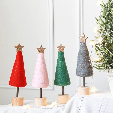 Mini Christmas Tree Desktop Ornament Wool Felt With Wood Base Gold Star Nordic Style Holiday Home Office Decoration