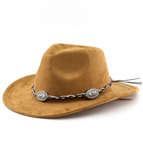 Cappello Da Cowboy Western Scamosciato Tesa Larga Retro Vintage Stile Etnico Fascia Intrecciata Decoro Metallo Argento