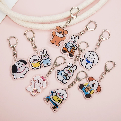 Mignon Dessin Animé Chiot Lapin Porte Clés Acrylique Double Face Sac Pendentif Accessoires Style Coréen Cadeau