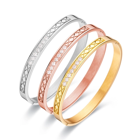 Stainless Steel Zirconia Bangle For Women Single Row Zirconia Hollow Lattice Bracelet Rose Gold Silver Color Fashion Jewelry Hidden Clasp Bangle