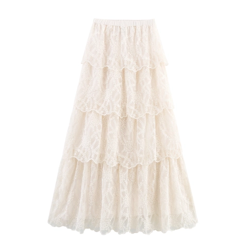 Gonna Lunga In Pizzo A Strati Per Donna Stile Bohemien Elegante Con Volant Vita Elastica Tinta Unita Mesh