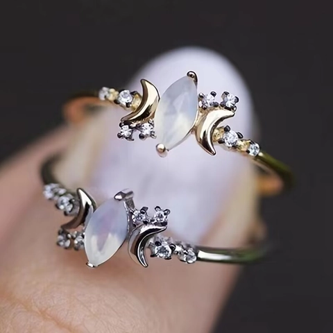 Marquise Imitation Moonstone Ring Copper Cubic Zirconia Crescent Moon Celestial Jewelry Bohemian Style Women Accessory