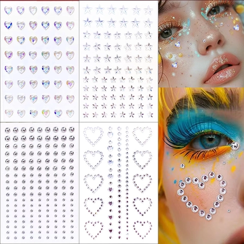 Face Gems Body Art Stickers Self-Adhesive Acrylic Rhinestones Heart Star Shapes For Makeup Decoration Shiny Crystal