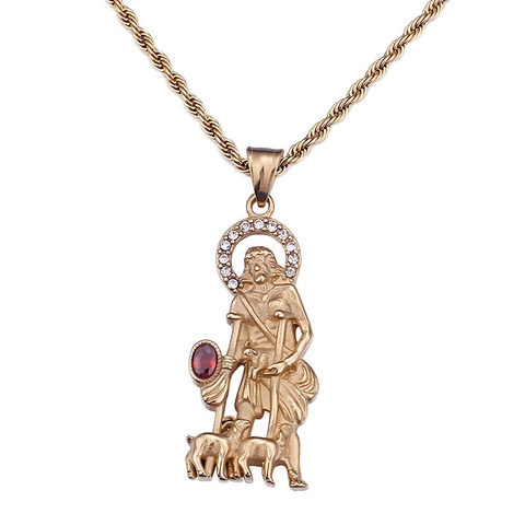 Pendente Religioso San Lazzaro Acciaio Inossidabile Gioielli Hip Hop Vintage Con Pietra Rossa Zirconia Per Uomini