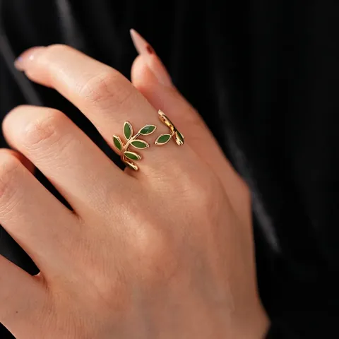 Anillo Hoja De Rama De Olivo Cobre Chapado En Oro Esmalte Colorido Ajustable Retro Joyería De Dedo Para Mujeres