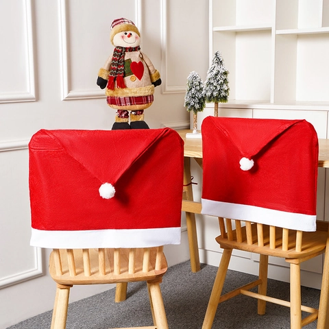 Christmas Chair Back Covers Non-Woven Fabric Santa Hat Shape Red White Pom Poms Dining Room Holiday Party Home Decoration