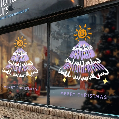 Christmas Tree Window Clings PVC Static Stickers Merry Christmas Lettering Glass Door Decor Hand-drawn Holiday Decor
