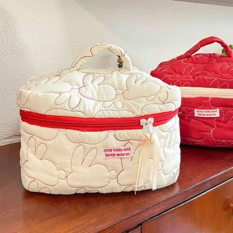 Gesteppte Baumwolle Kosmetiktasche Süßes Hasenmuster Handheld Make-Up Organizer Tragbare Reise Aufbewahrungstasche Für Damen