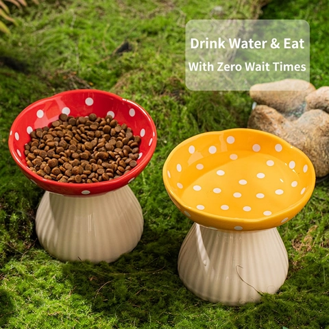 Ceramic Mushroom Shaped Cat Bowl Elevated Pet Food Water Dish Neck Protection Polka Dot Design Slanted Mouth Small Dogs